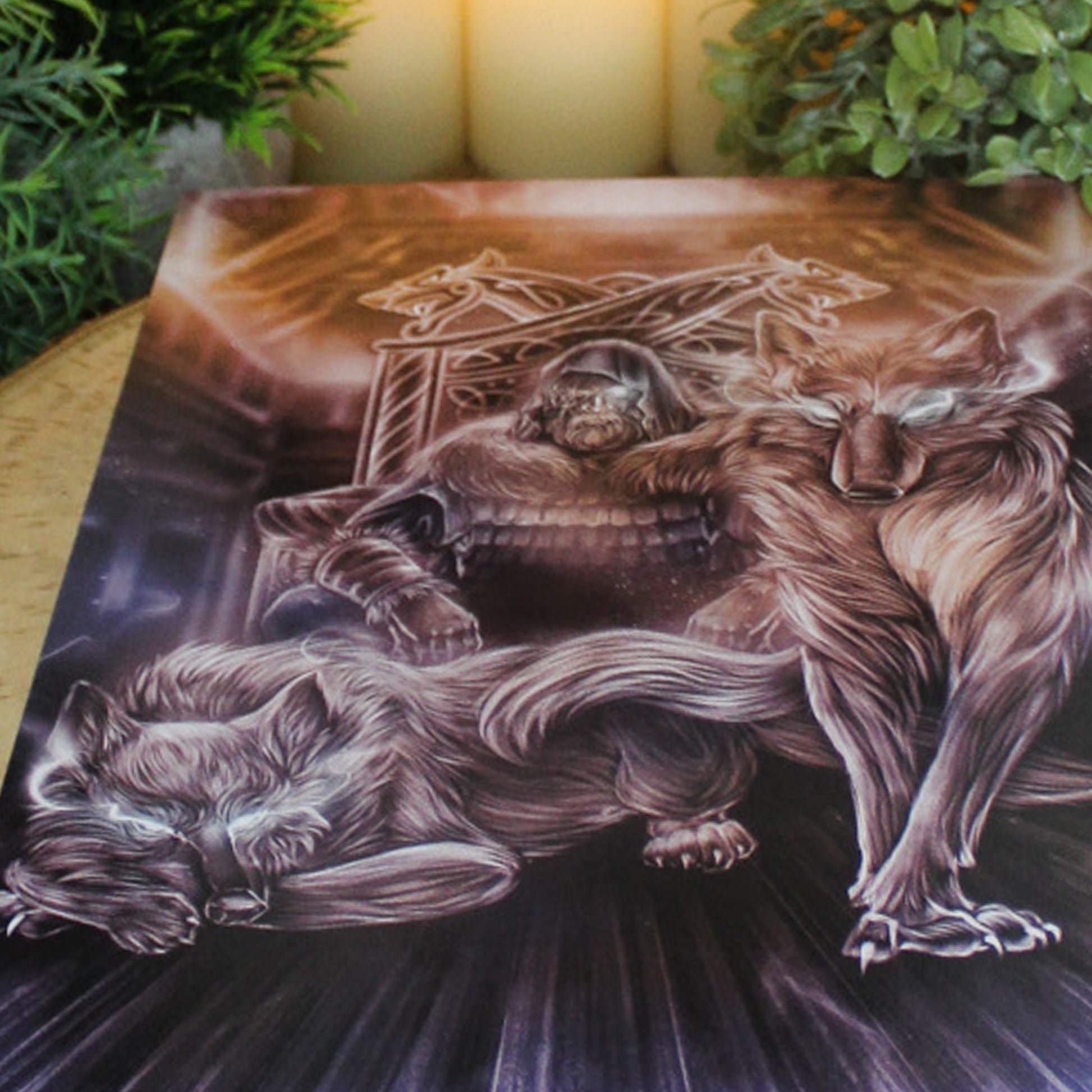 A4 art print of Geri and Freki, the loyal wolves of Odin, stand as symbols of strength, loyalty, and divine guardianship.