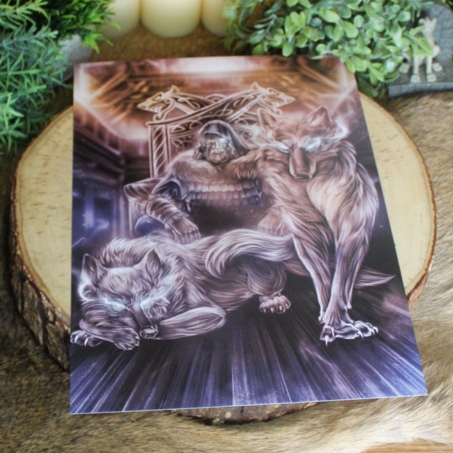 A4 art print of Geri and Freki, the loyal wolves of Odin, stand as symbols of strength, loyalty, and divine guardianship.