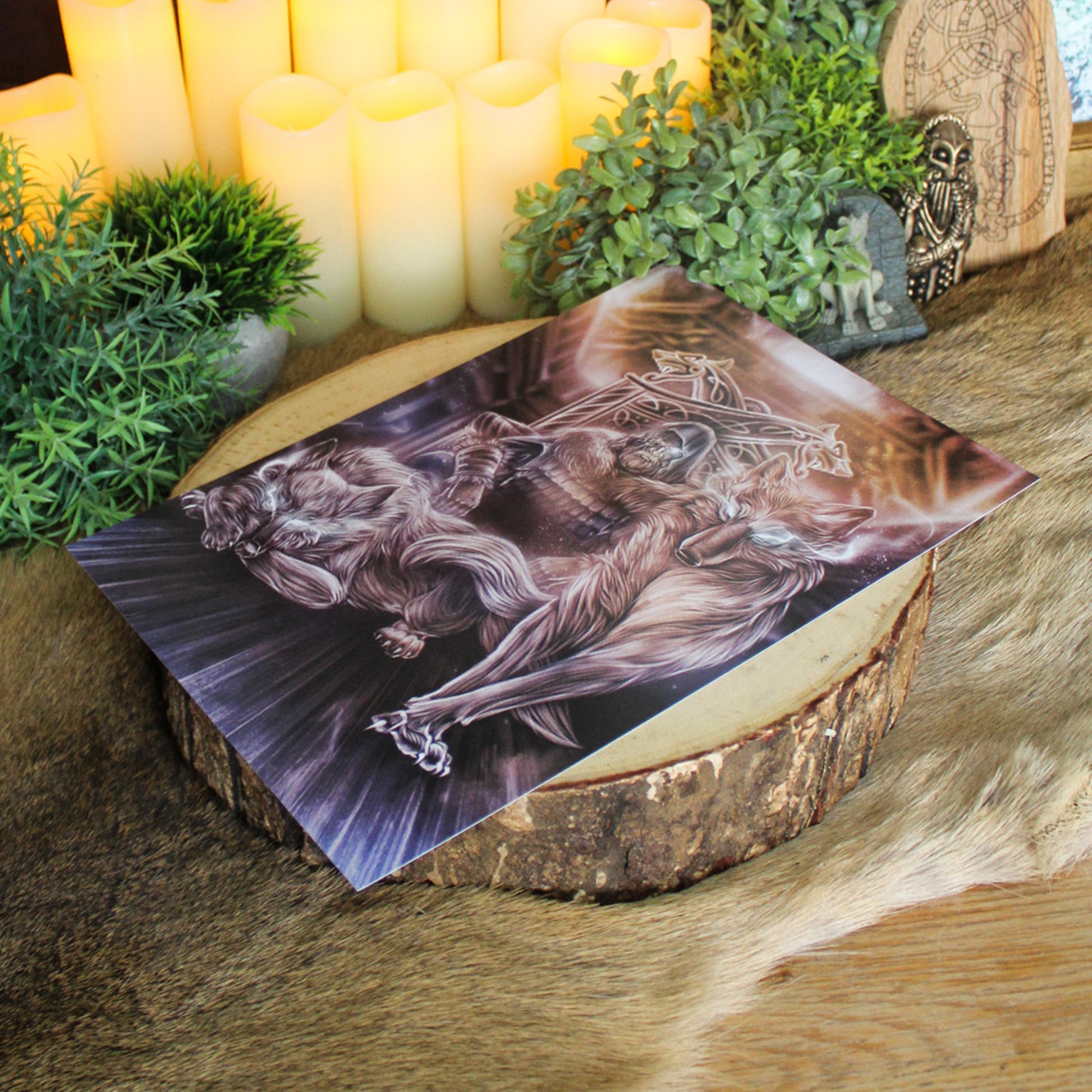 A4 art print of Geri and Freki, the loyal wolves of Odin, stand as symbols of strength, loyalty, and divine guardianship.