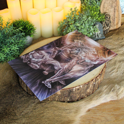 A4 art print of Geri and Freki, the loyal wolves of Odin, stand as symbols of strength, loyalty, and divine guardianship.