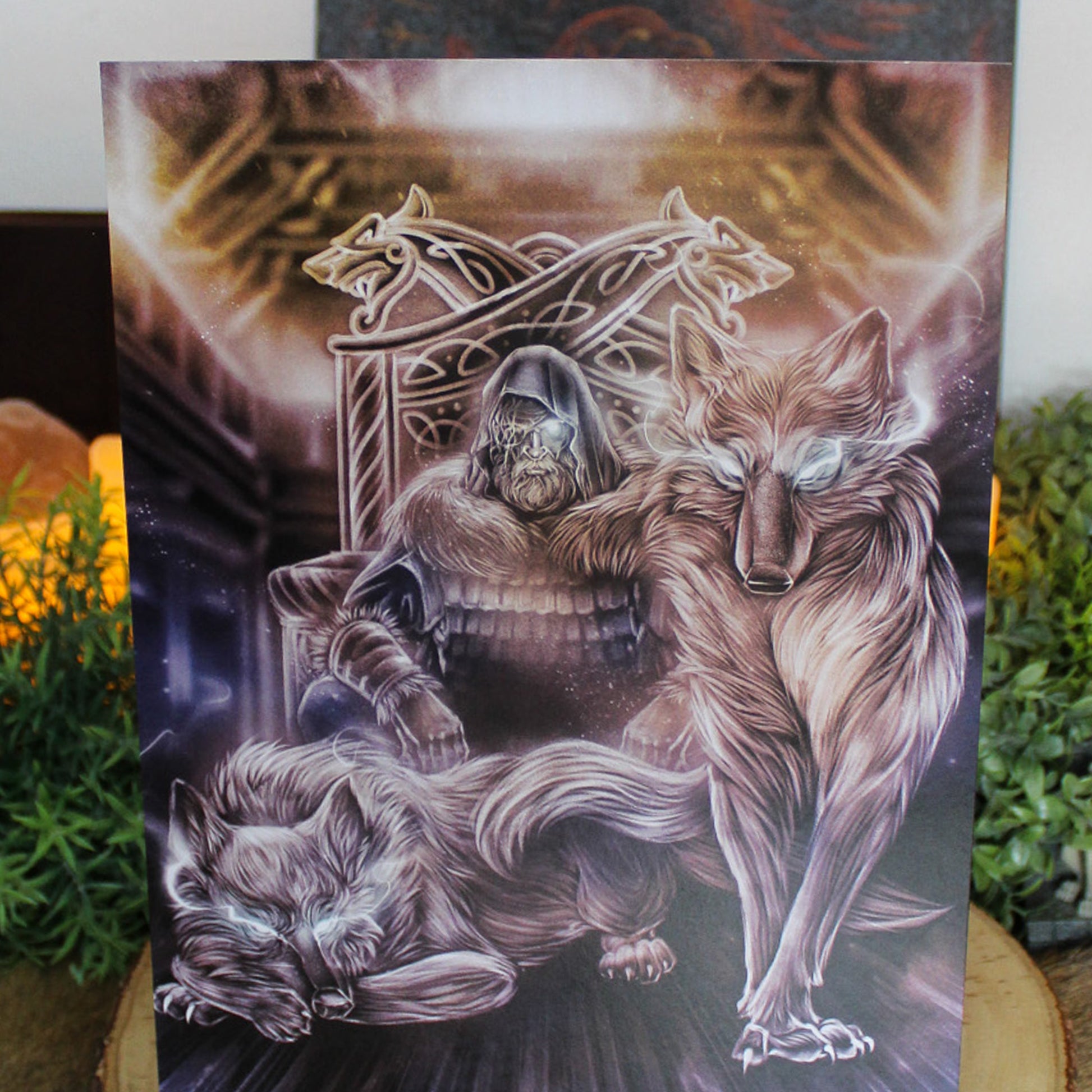 A4 art print of Geri and Freki, the loyal wolves of Odin, stand as symbols of strength, loyalty, and divine guardianship.