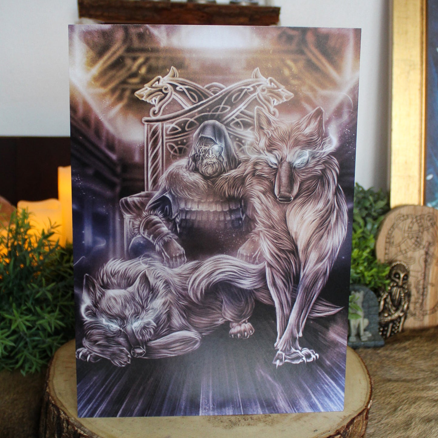 A4 art print of Geri and Freki, the loyal wolves of Odin, stand as symbols of strength, loyalty, and divine guardianship.