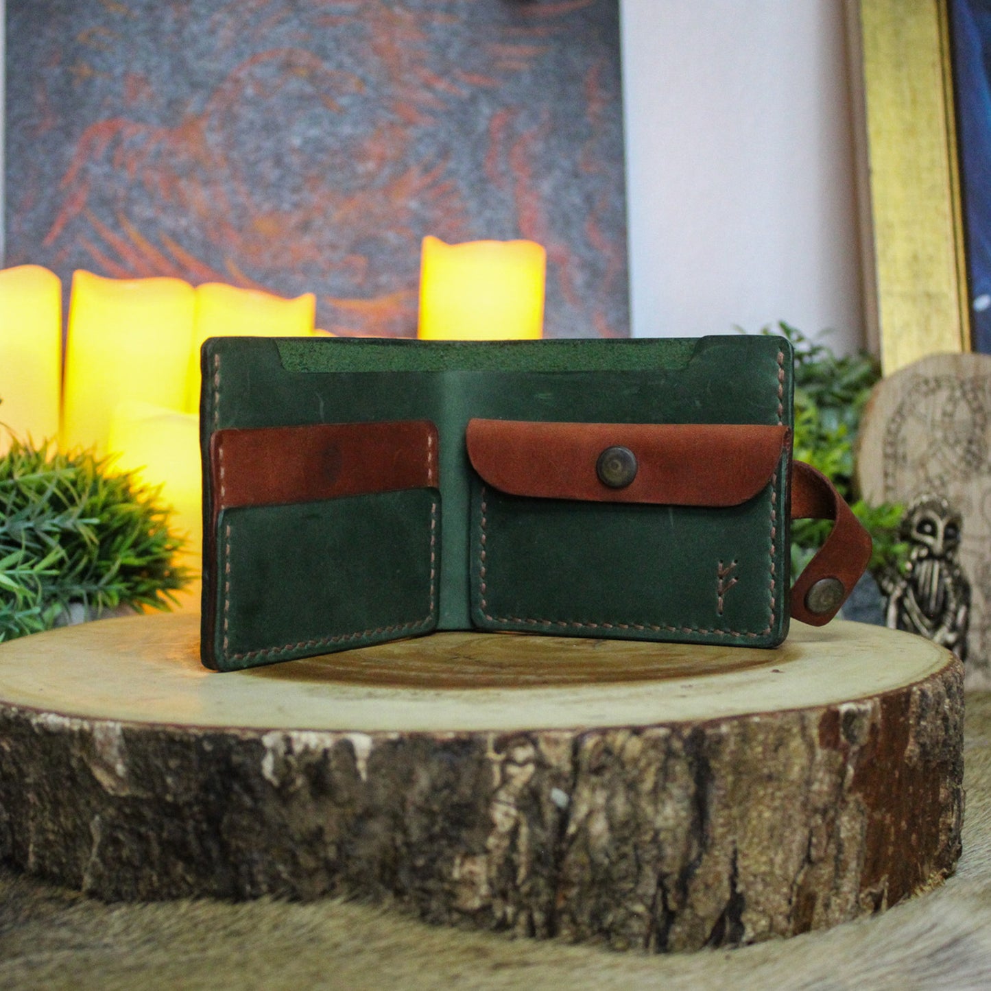 Handmade Runic Leather Wallet | Forest Green