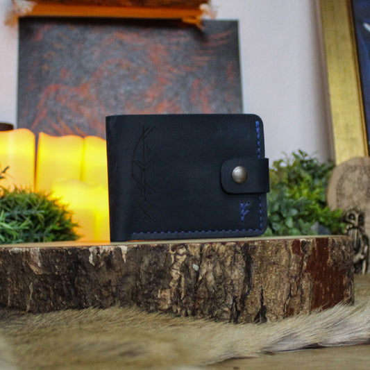 Handmade Runic Leather Wallet | Navy Blue