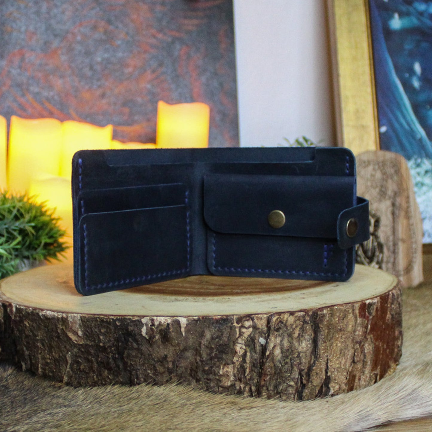 Handmade Runic Leather Wallet | Navy Blue