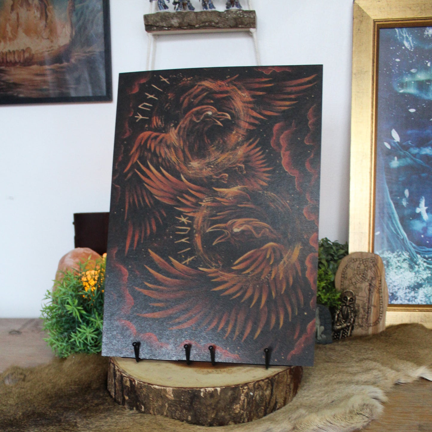 A3 art print of Huginn and Muninn, Odin’s ravens, symbolising thought and memory, printed on recycled brown paper for a rustic finish.
