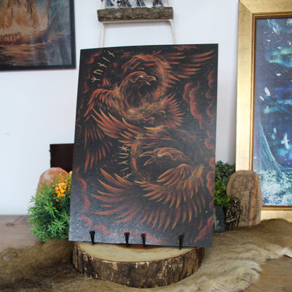 A3 art print of Huginn and Muninn, Odin’s ravens, symbolising thought and memory, printed on recycled brown paper for a rustic finish.