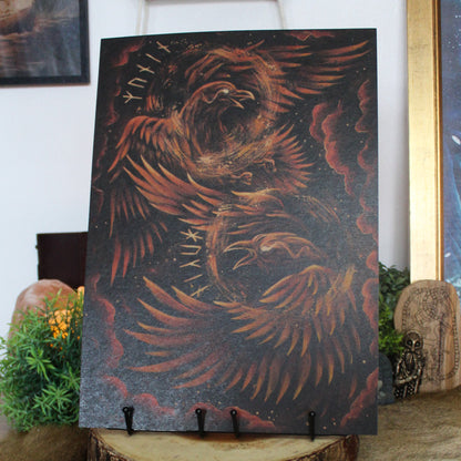 A3 art print of Huginn and Muninn, Odin’s ravens, symbolising thought and memory, printed on recycled brown paper for a rustic finish.