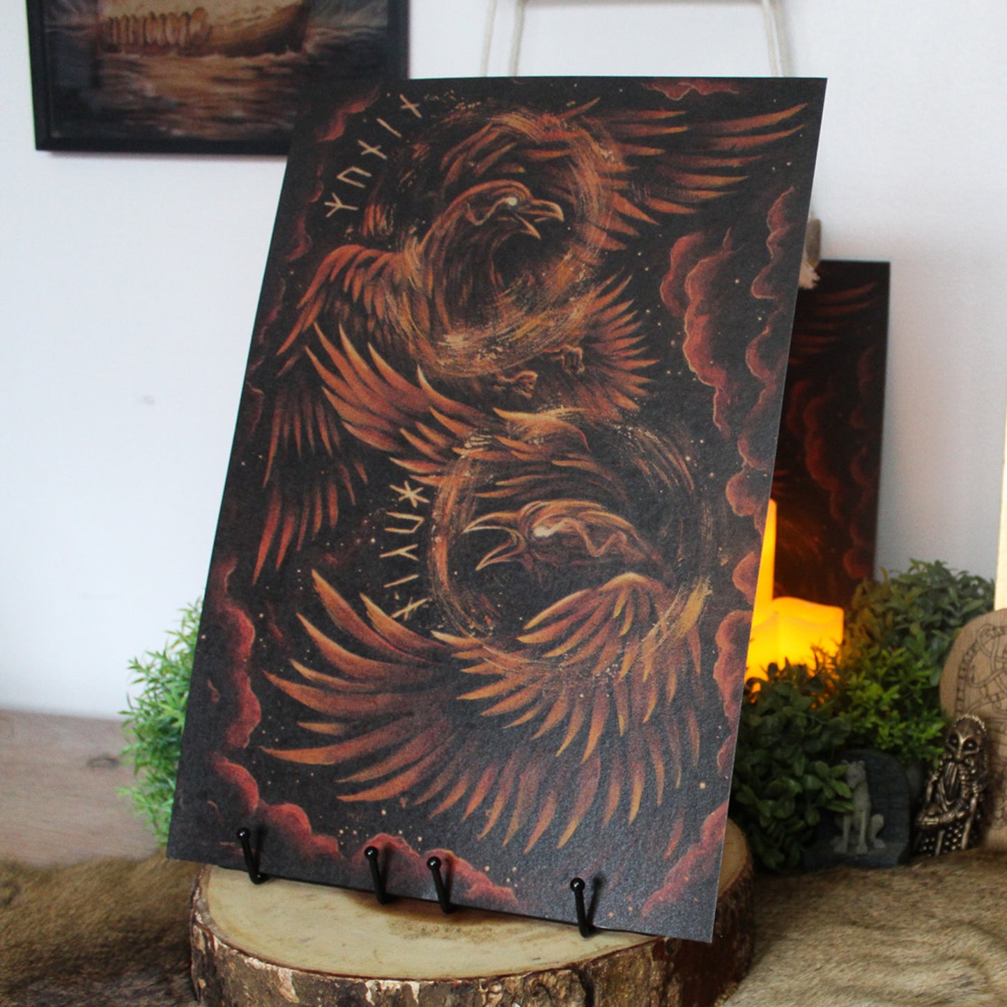 A3 art print of Huginn and Muninn, Odin’s ravens, symbolising thought and memory, printed on recycled brown paper for a rustic finish.