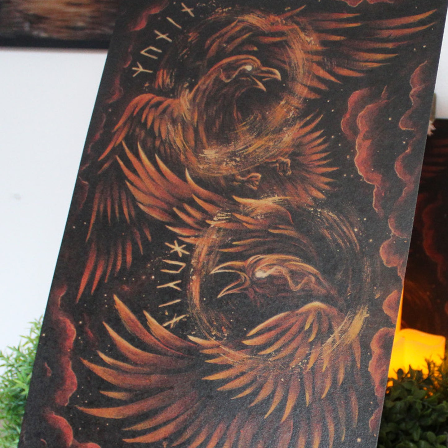 A3 art print of Huginn and Muninn, Odin’s ravens, symbolising thought and memory, printed on recycled brown paper for a rustic finish.