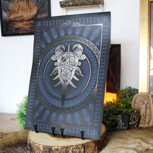 Silver foil A3 art print of Odin godmask inspired by Norse mythology and Viking art.