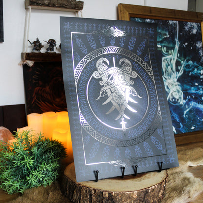 Silver foil A3 art print of Odin godmask inspired by Norse mythology and Viking art.
