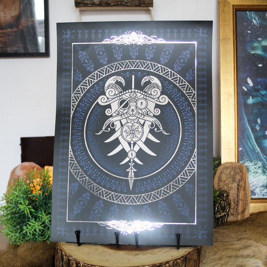 Silver foil A3 art print of Odin godmask inspired by Norse mythology and Viking art.