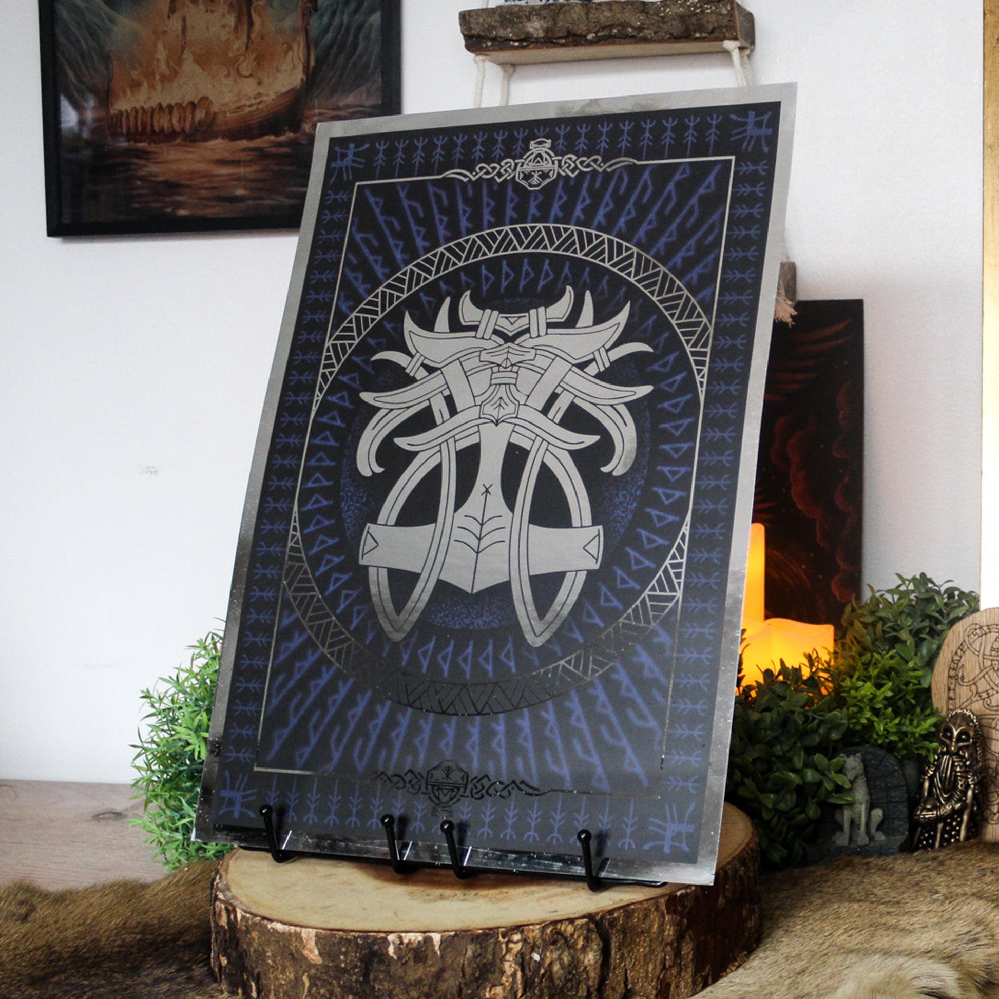 Silver foil A3 print godmask of Norse god Thor with Viking ornamentation and runic detail.