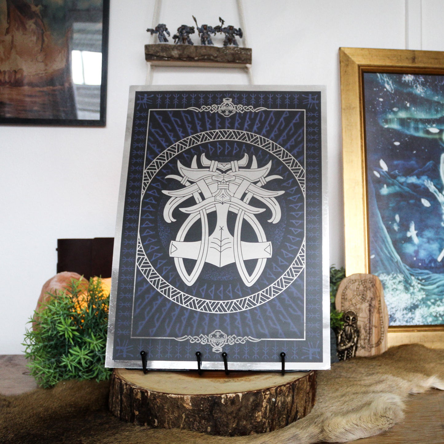 Silver foil A3 print godmask of Norse god Thor with Viking ornamentation and runic detail.