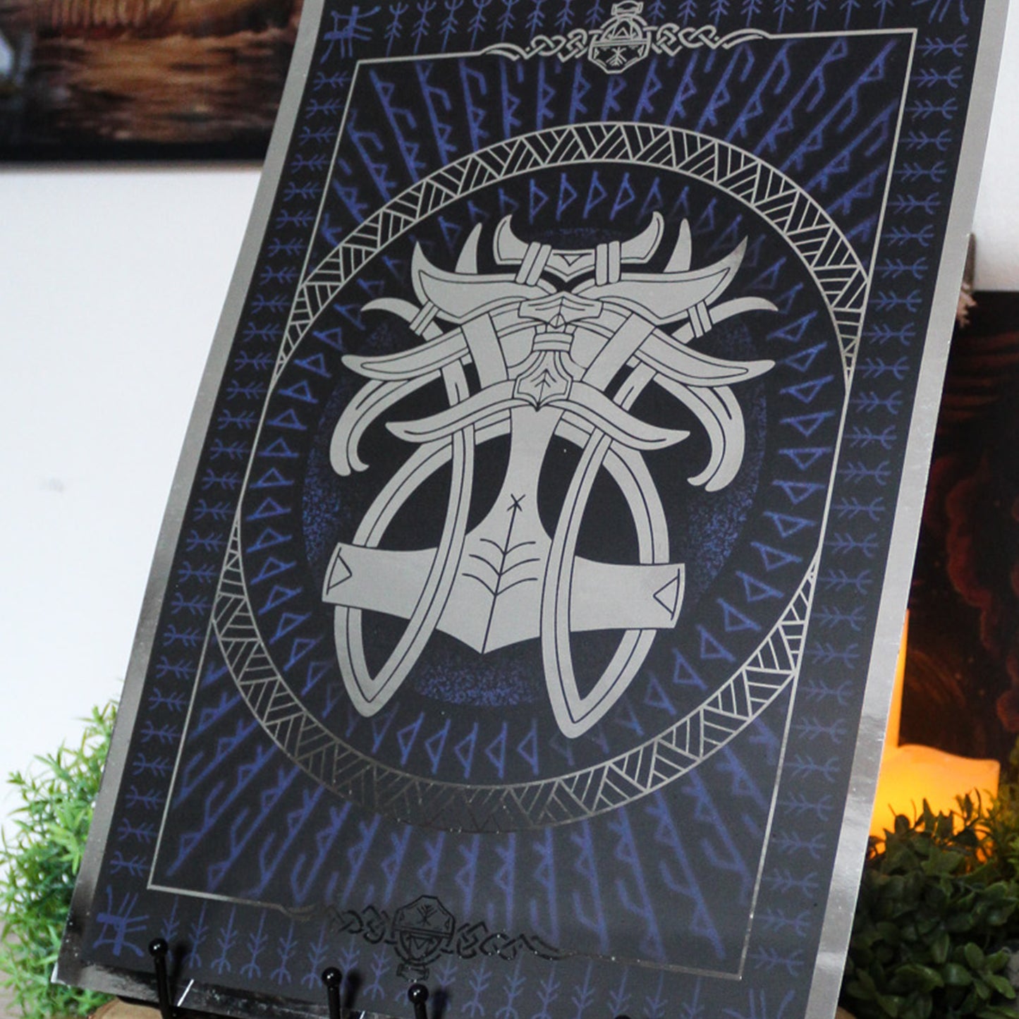 Silver foil A3 print godmask of Norse god Thor with Viking ornamentation and runic detail.