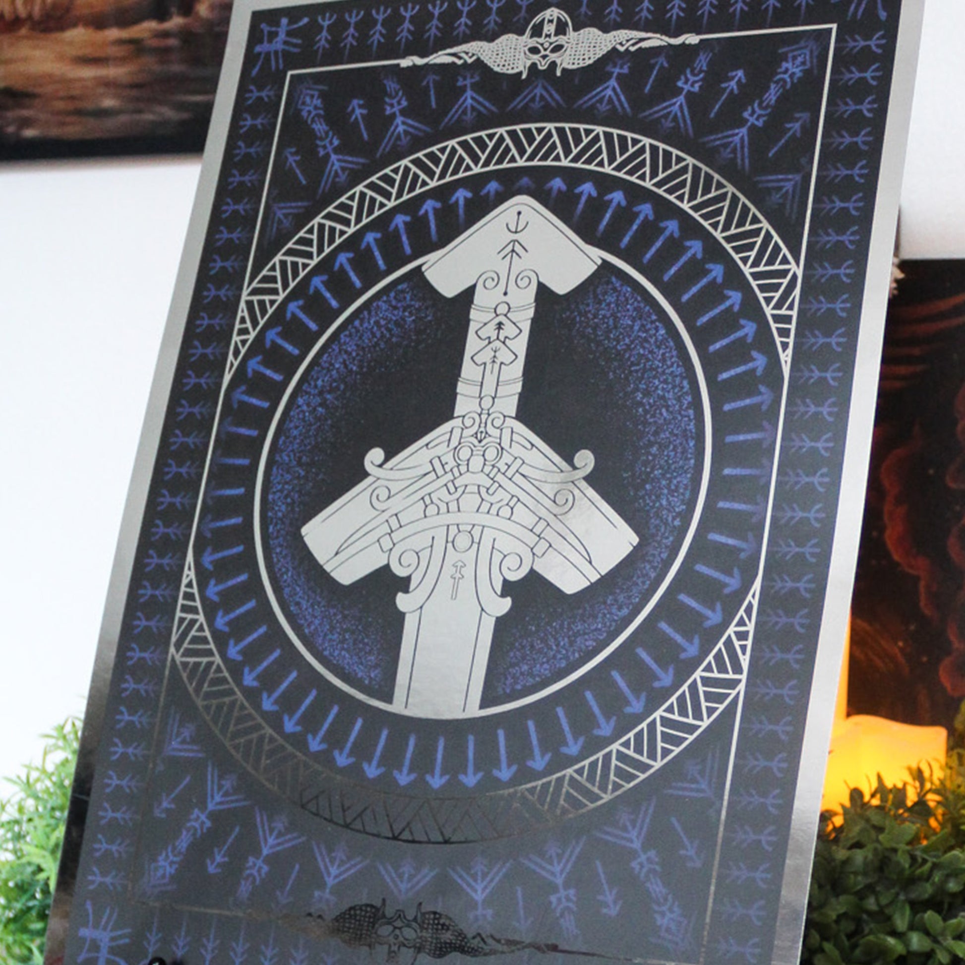 Silver foil A3 print of Norse god Tyr with Viking ornamentation and runic detail.