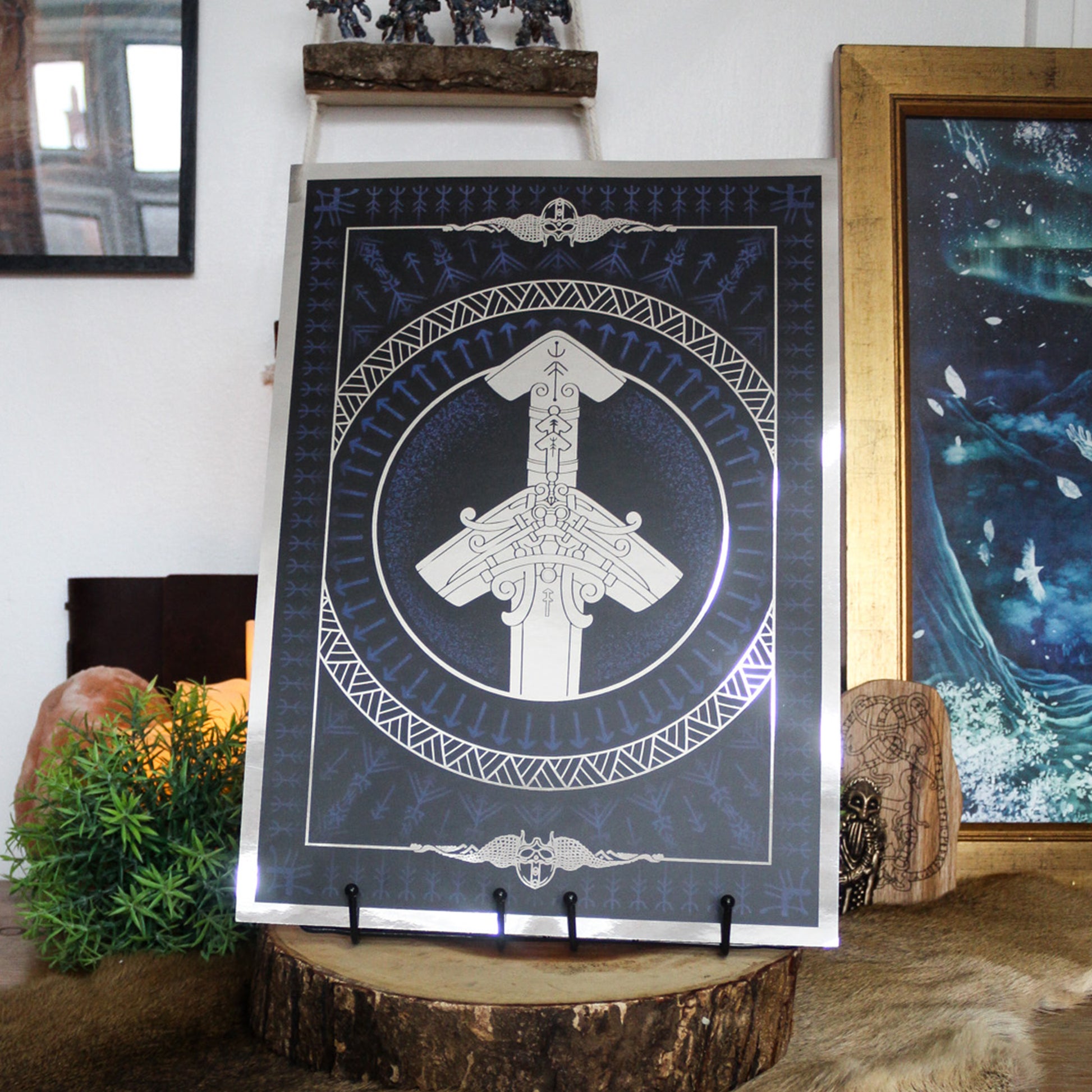 Silver foil A3 print of Norse god Tyr with Viking ornamentation and runic detail.