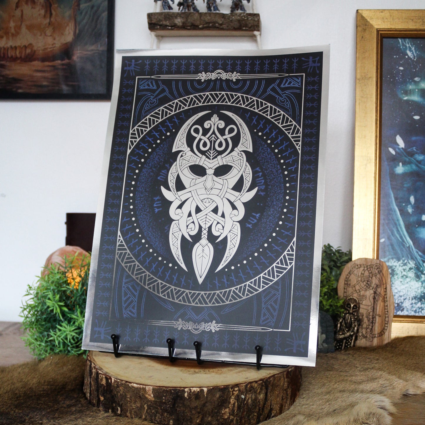 Silver foil A3 art print of Vidarr, Norse god of vengeance, with Viking ornamentation and runic detail.
