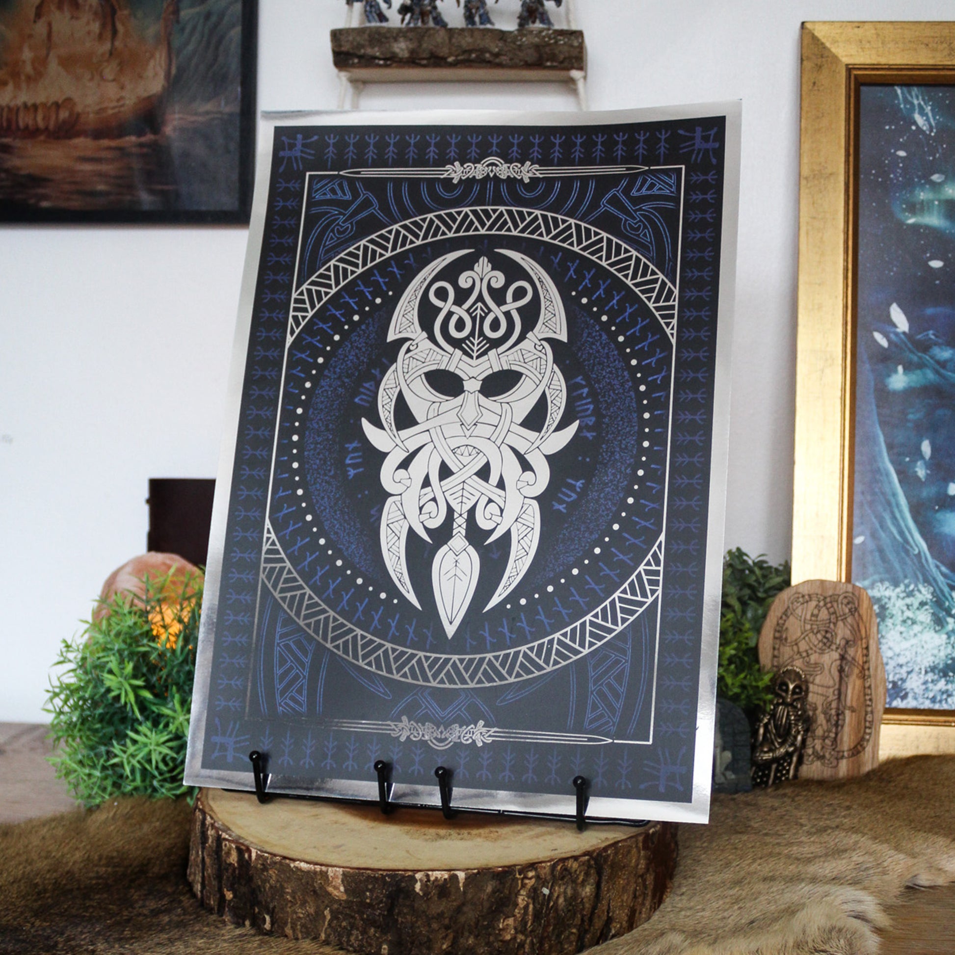 Silver foil A3 art print of Vidarr, Norse god of vengeance, with Viking ornamentation and runic detail.