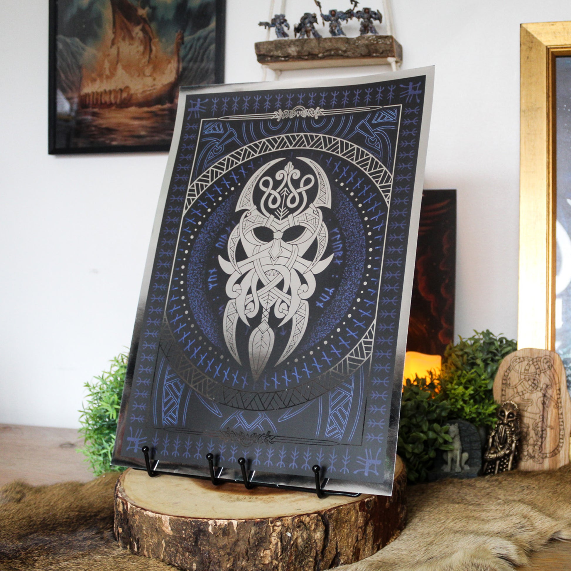Silver foil A3 art print of Vidarr, Norse god of vengeance, with Viking ornamentation and runic detail.