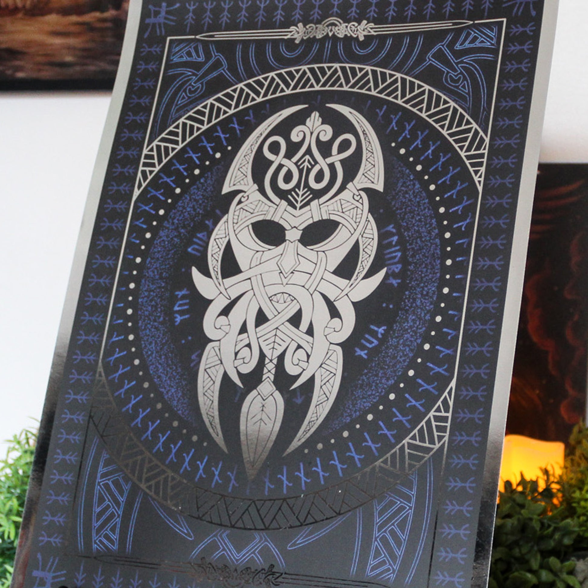 Silver foil A3 art print of Vidarr, Norse god of vengeance, with Viking ornamentation and runic detail.