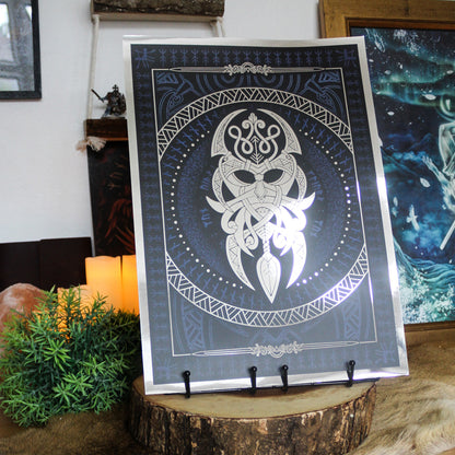 Silver foil A3 art print of Vidarr, Norse god of vengeance, with Viking ornamentation and runic detail.