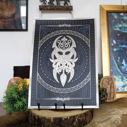 Silver foil A3 art print of Vidarr, Norse god of vengeance, with Viking ornamentation and runic detail.
