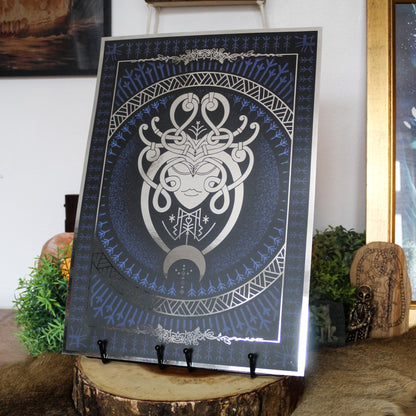 Silver foil A3 art print of Eir, Norse goddess of healing and mercy, with Viking ornamentation and runic detail.