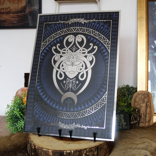 Silver foil A3 art print of Eir, Norse goddess of healing and mercy, with Viking ornamentation and runic detail.