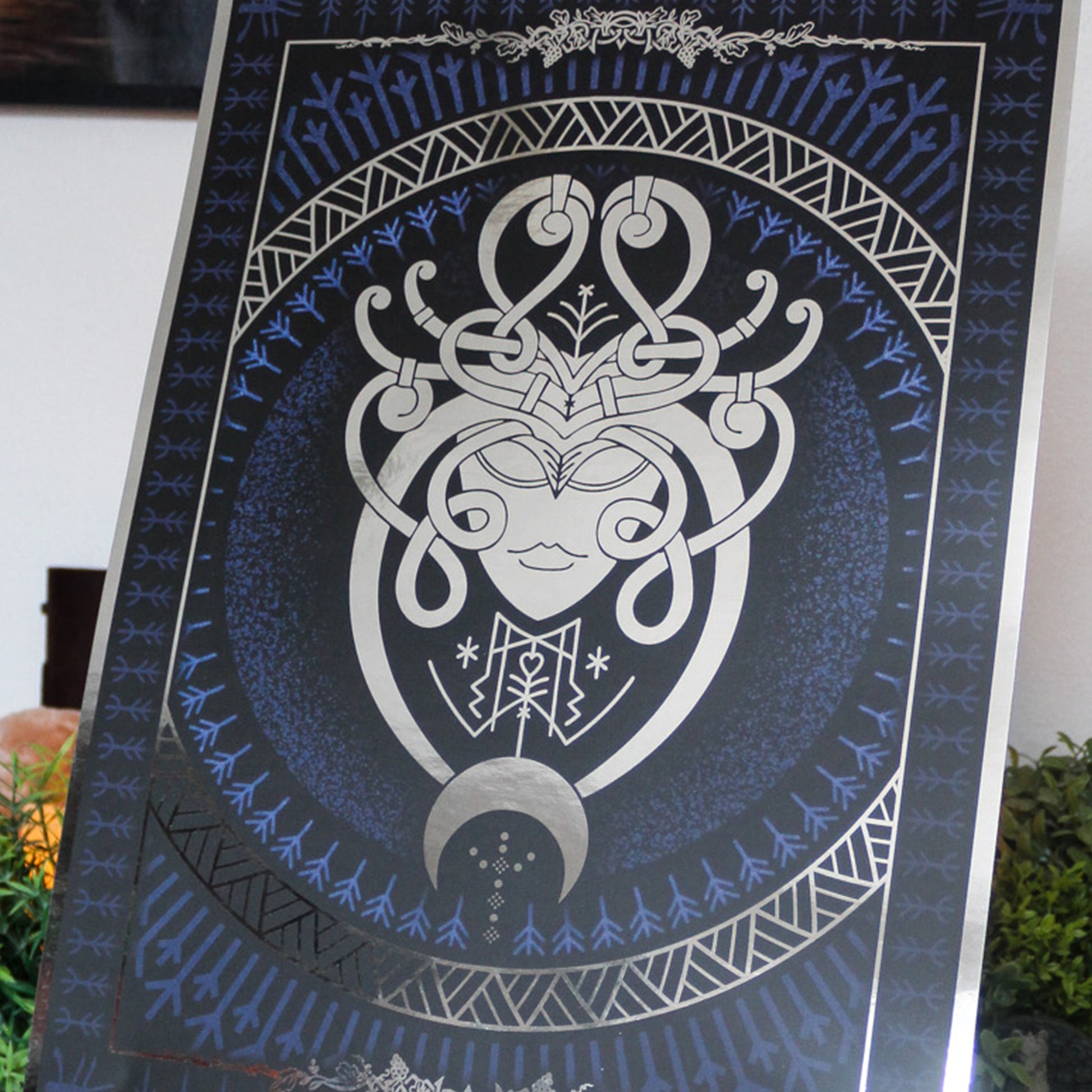 Silver foil A3 art print of Eir, Norse goddess of healing and mercy, with Viking ornamentation and runic detail.