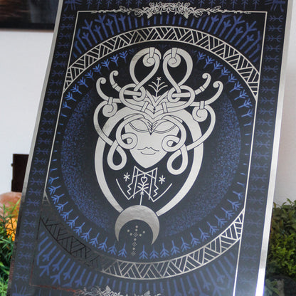 Silver foil A3 art print of Eir, Norse goddess of healing and mercy, with Viking ornamentation and runic detail.