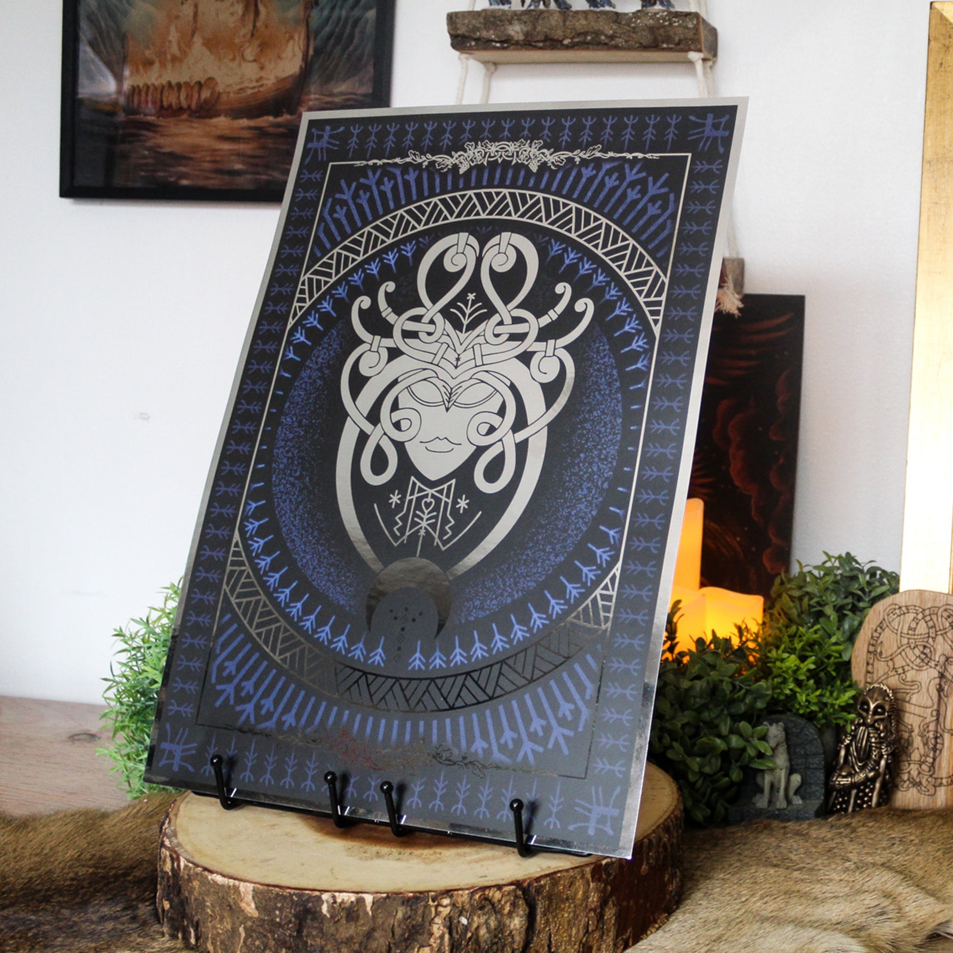 Silver foil A3 art print of Eir, Norse goddess of healing and mercy, with Viking ornamentation and runic detail.