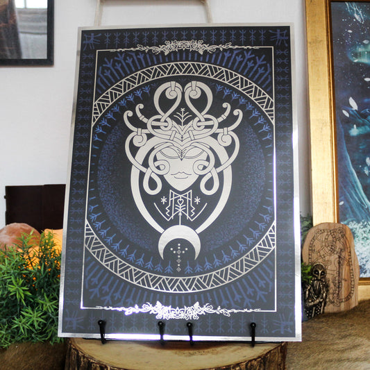 Silver foil A3 art print of Eir, Norse goddess of healing and mercy, with Viking ornamentation and runic detail.