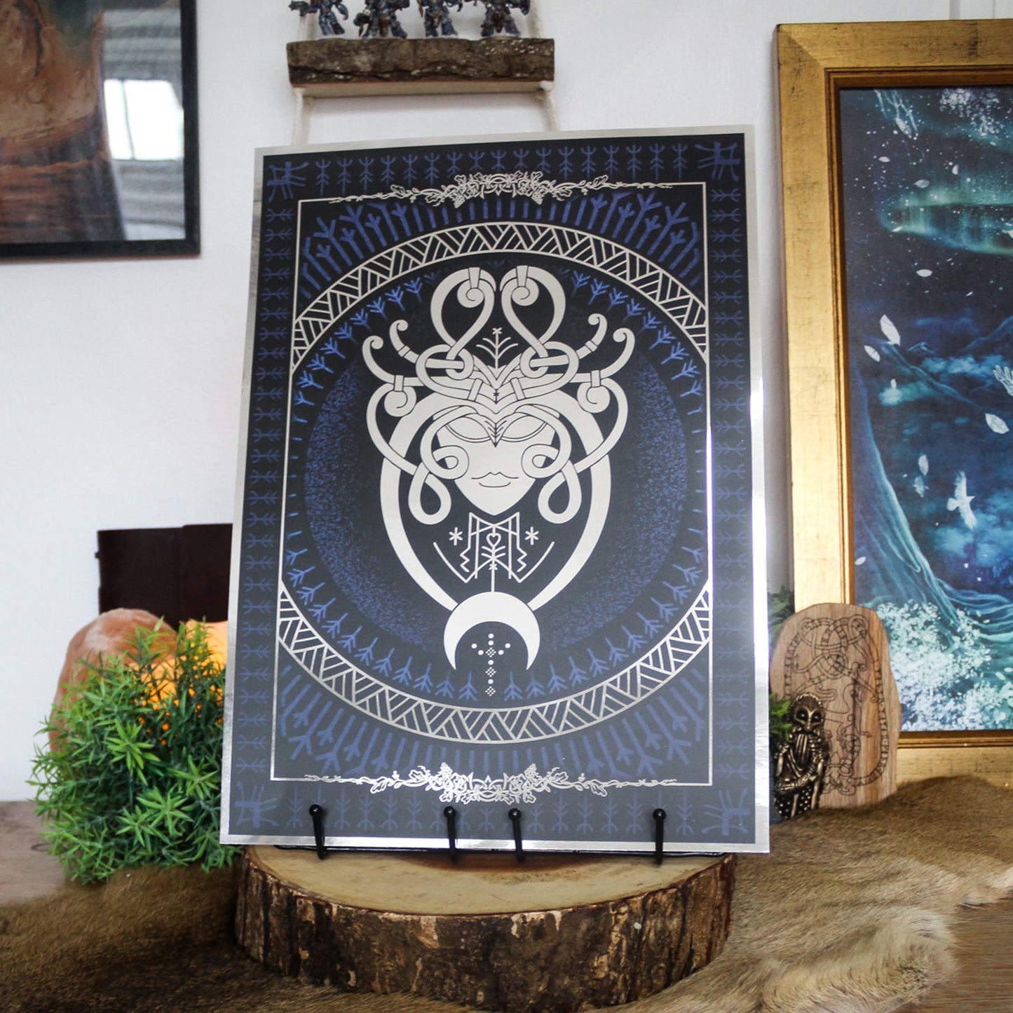 Silver foil A3 art print of Eir, Norse goddess of healing and mercy, with Viking ornamentation and runic detail.