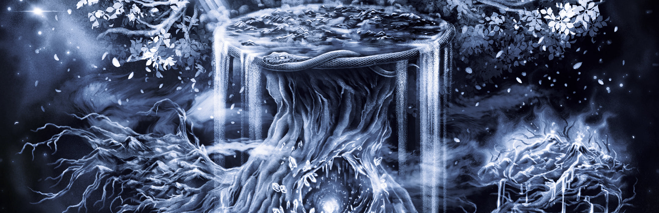 Artistic depiction of Yggdrasil, the World Tree, with the 9 Realms of Norse mythology interconnected in a cosmic layout. Featured as the banner for the Norse Mythology Encyclopedia's cosmology page, exploring the structure of the Norse universe.