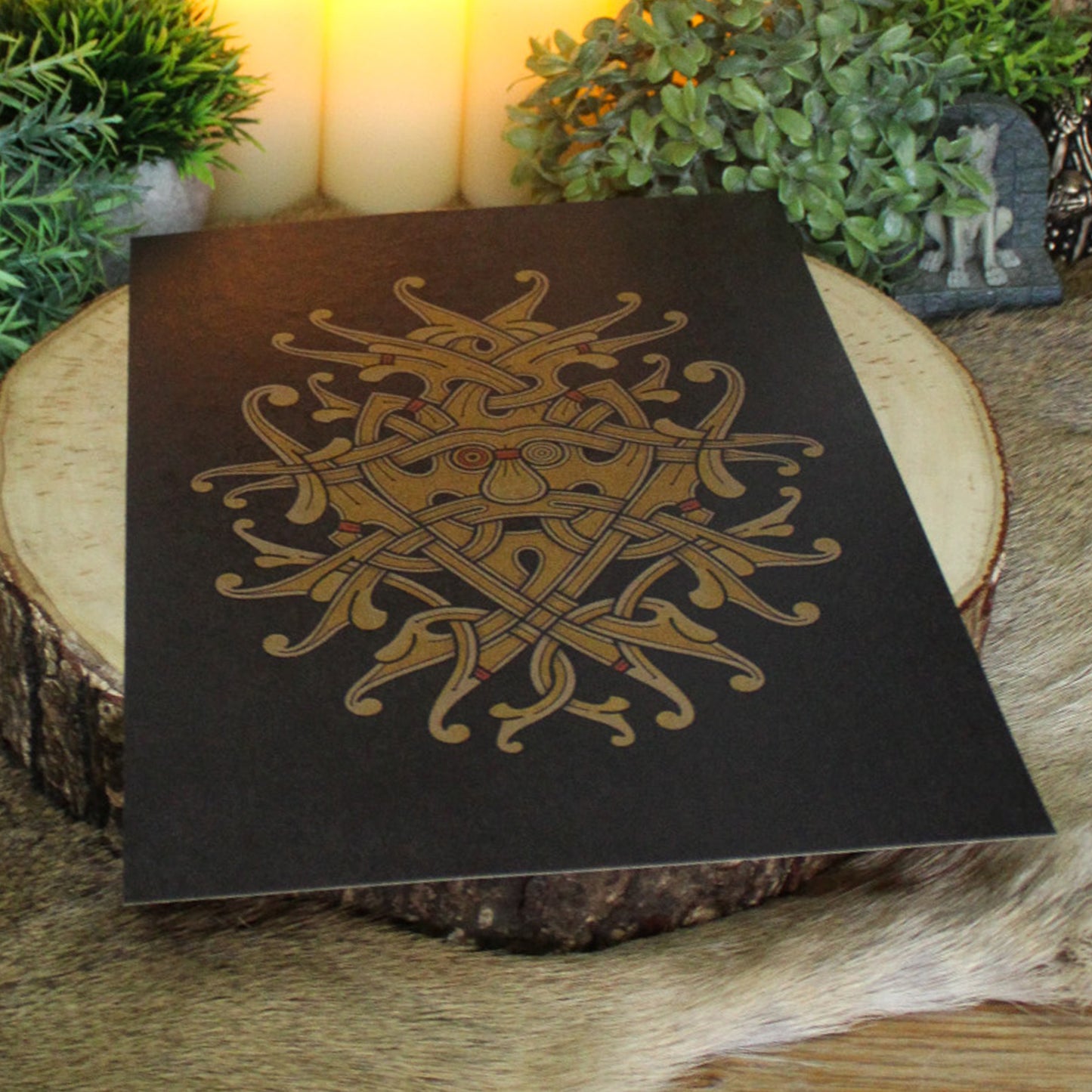 A4 print with intricate design, inspired by the ornate carvings and knotwork of the Viking age, represents the wisdom, sacrifice, and fierce intelligence of the chief of the Æsir. Created by Jonas Lau Markussen.