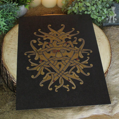 A4 print with intricate design, inspired by the ornate carvings and knotwork of the Viking age, represents the wisdom, sacrifice, and fierce intelligence of the chief of the Æsir. Created by Jonas Lau Markussen.