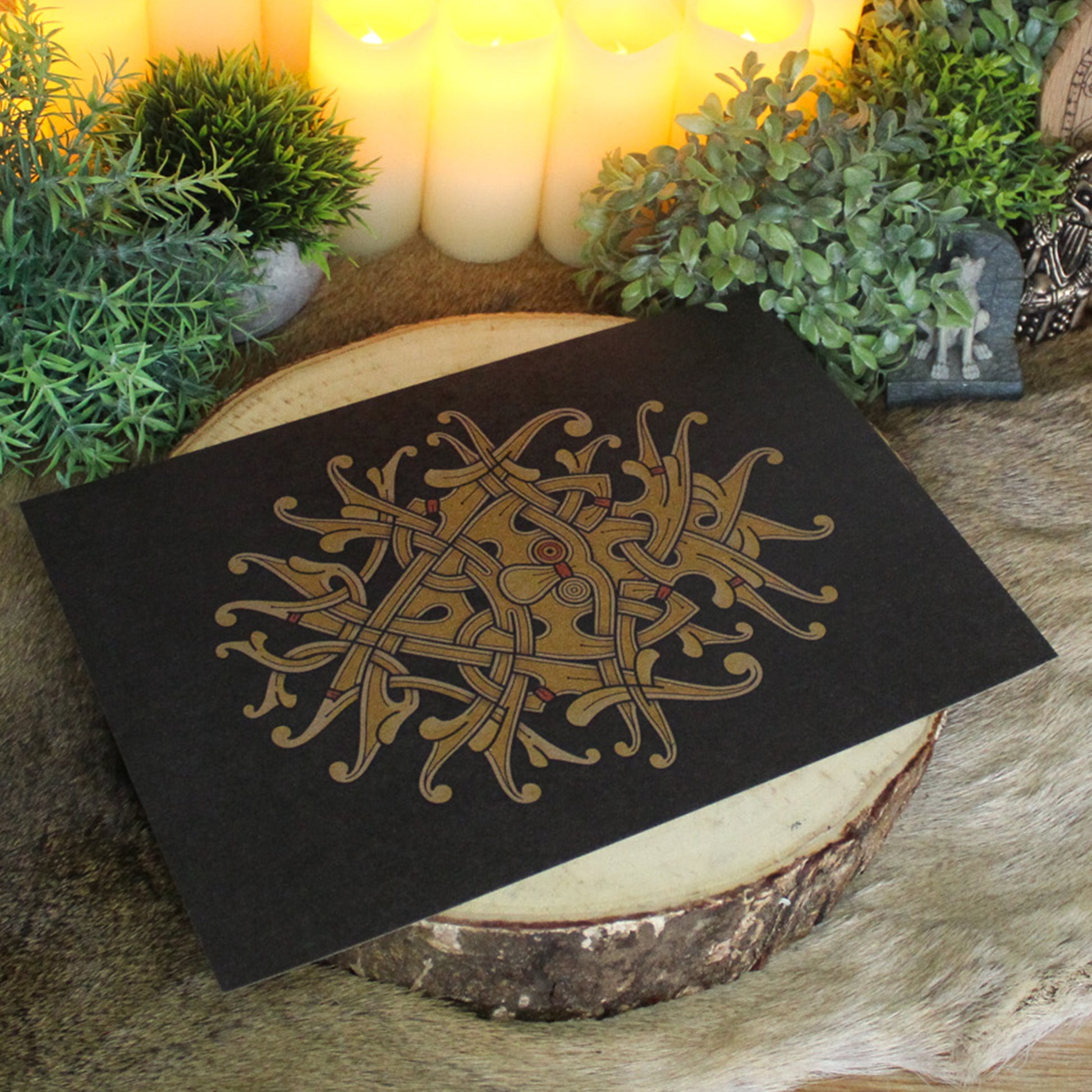 A4 print with intricate design, inspired by the ornate carvings and knotwork of the Viking age, represents the wisdom, sacrifice, and fierce intelligence of the chief of the Æsir. Created by Jonas Lau Markussen.