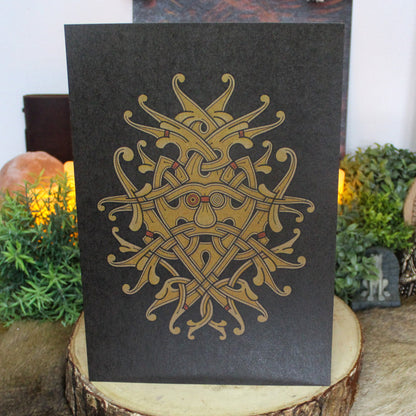 A4 print with intricate design, inspired by the ornate carvings and knotwork of the Viking age, represents the wisdom, sacrifice, and fierce intelligence of the chief of the Æsir. Created by Jonas Lau Markussen.