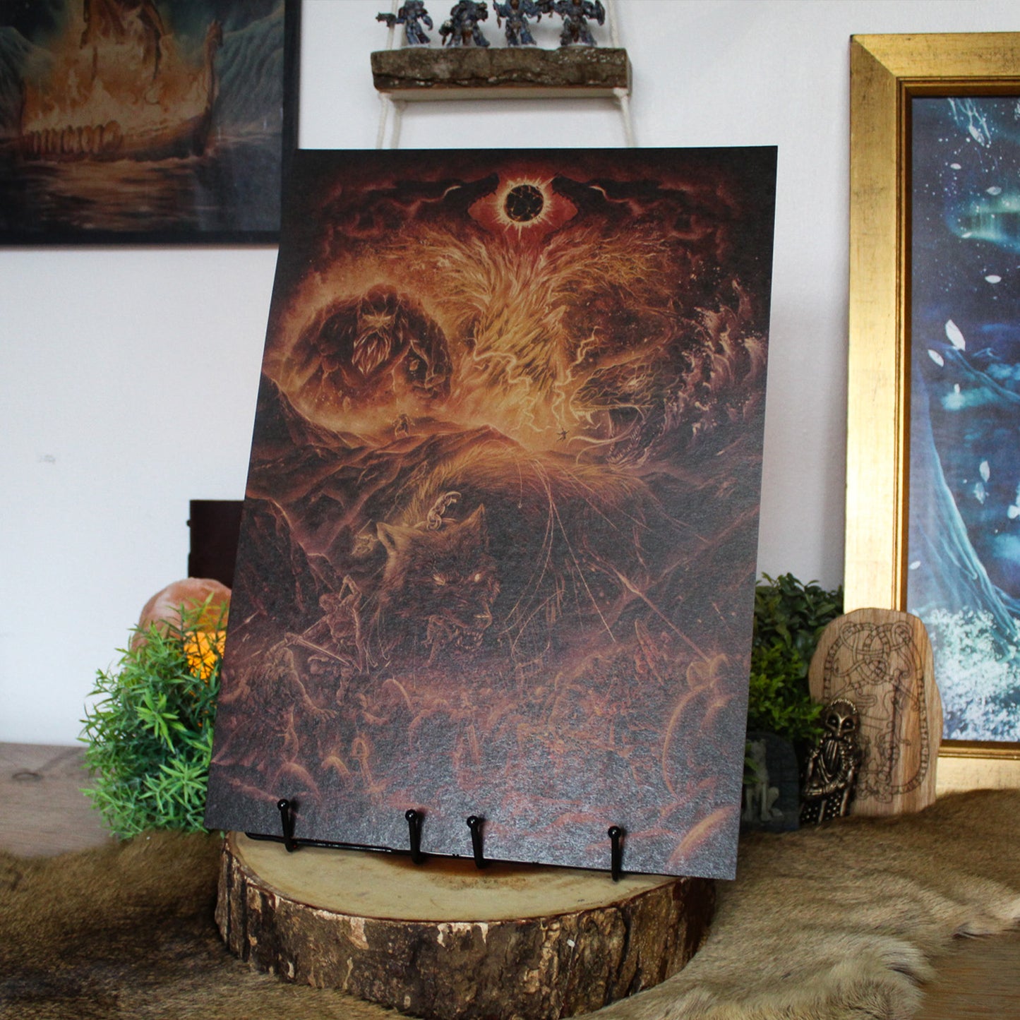 A3 art print of Ragnarok showing the Norse apocalypse and battle of the gods, printed on recycled brown paper for a rustic finish.