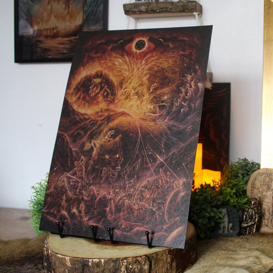 A3 art print of Ragnarok showing the Norse apocalypse and battle of the gods, printed on recycled brown paper for a rustic finish.