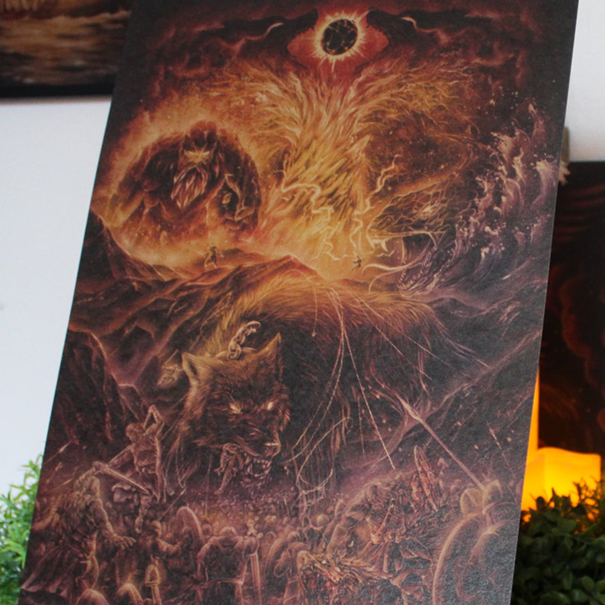A3 art print of Ragnarok showing the Norse apocalypse and battle of the gods, printed on recycled brown paper for a rustic finish.