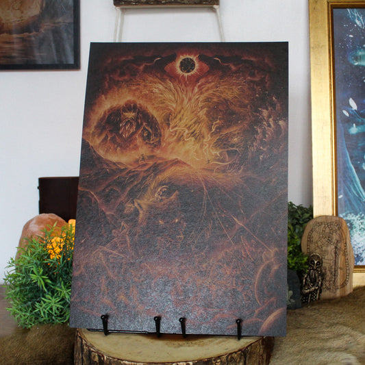 A3 art print of Ragnarok showing the Norse apocalypse and battle of the gods, printed on recycled brown paper for a rustic finish.