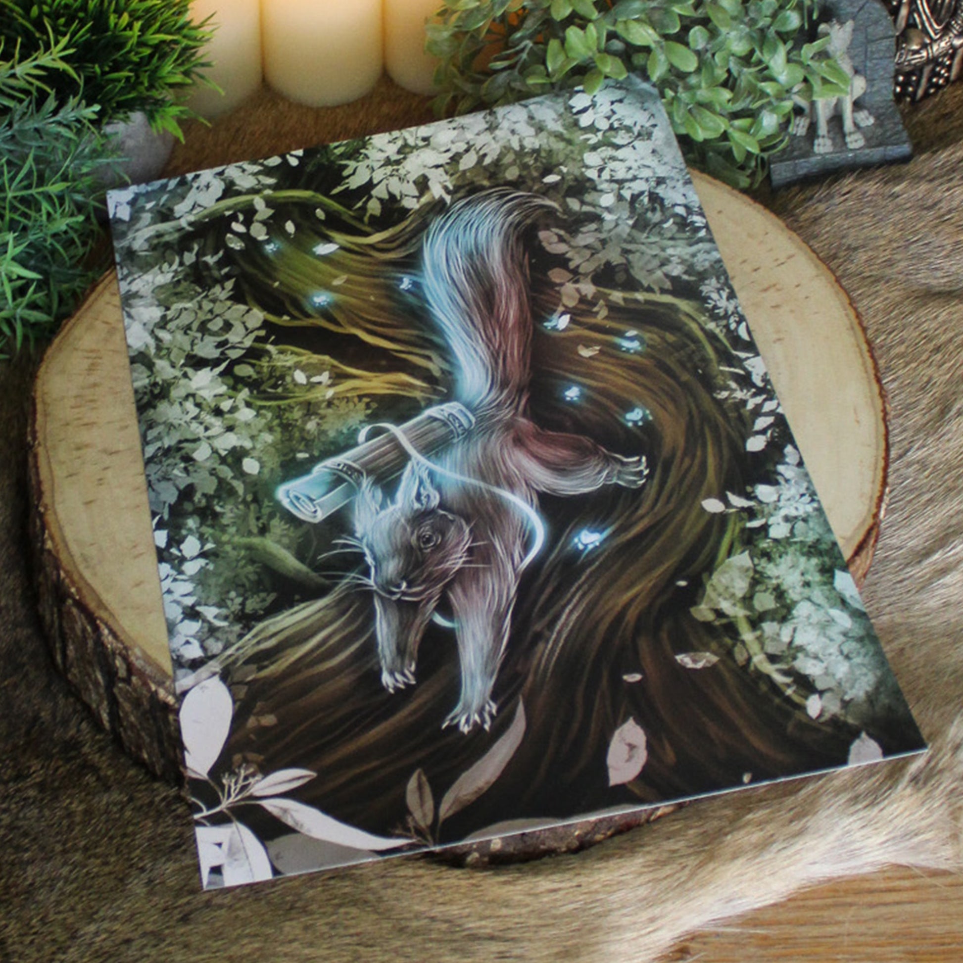 A4 print featuring Ratatoskr, the mischievous squirrel who scurries up and down Yggdrasil, carrying messages between the eagle above and serpent Níðhöggr below.
