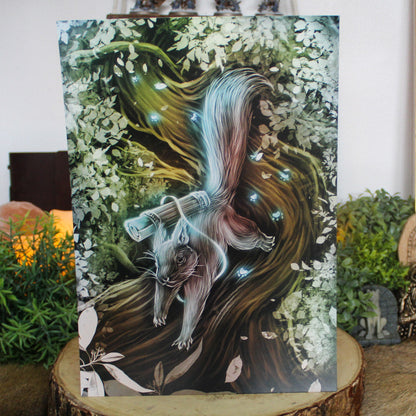 A4 print featuring Ratatoskr, the mischievous squirrel who scurries up and down Yggdrasil, carrying messages between the eagle above and serpent Níðhöggr below.