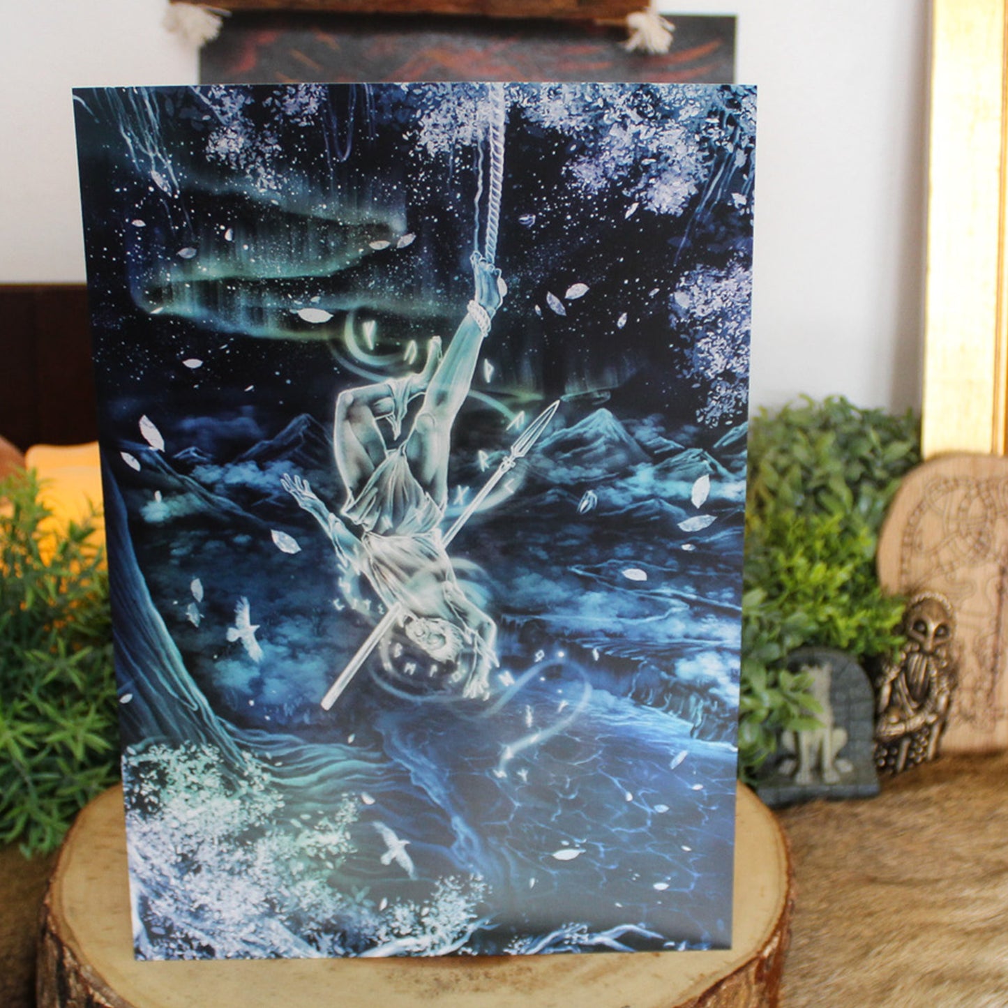 A4 print depicting Odin's ultimate act of sacrifice - hanging himself from the cosmic tree Yggdrasil for nine days and nine nights, wounded by his own spear Gungnir, to gain knowledge of the runes.