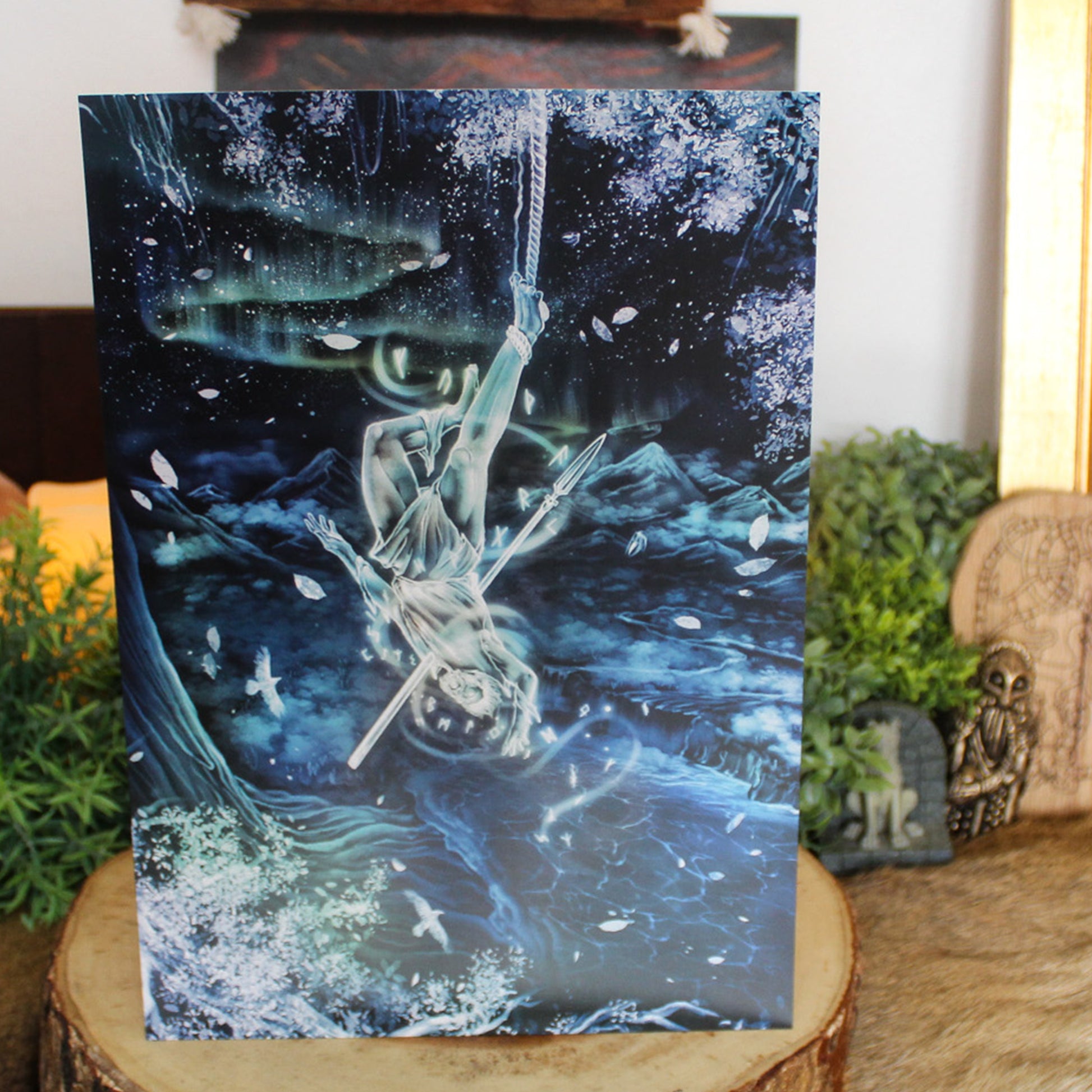A4 print depicting Odin's ultimate act of sacrifice - hanging himself from the cosmic tree Yggdrasil for nine days and nine nights, wounded by his own spear Gungnir, to gain knowledge of the runes.
