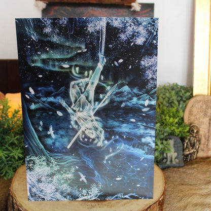 A4 print depicting Odin's ultimate act of sacrifice - hanging himself from the cosmic tree Yggdrasil for nine days and nine nights, wounded by his own spear Gungnir, to gain knowledge of the runes.