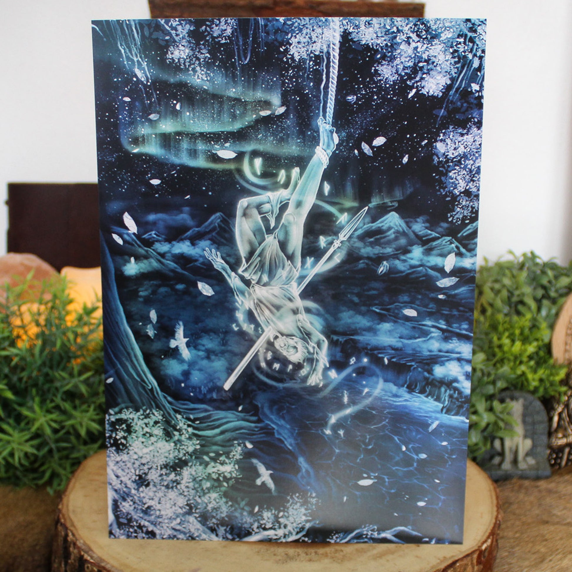 A4 print depicting Odin's ultimate act of sacrifice - hanging himself from the cosmic tree Yggdrasil for nine days and nine nights, wounded by his own spear Gungnir, to gain knowledge of the runes.